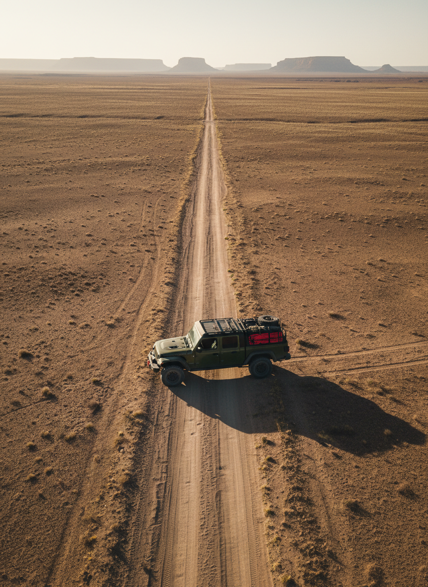 A minimalist aerial view of a single narrow dirt road cutting through an endless expanse of high desert, the track etched like a deliberate line across muted earth tones. A lone overland-ready Jeep Gladiator Rubicon is stopped mid-trail, its red recovery boards and steel roof rack standing out against the subdued landscape. Harsh late-afternoon sunlight from the upper left creates stark, graphic shadows from the vehicle and faint tire ruts, heightening the bold, cinematic feel. The background is intentionally sparse, with distant mesas reduced to soft silhouettes for a minimalist, high-contrast scene. Shot from a high drone perspective with sharp focus and strong leading lines, the composition conveys isolation, scale, and the call to roam beyond the ordinary.