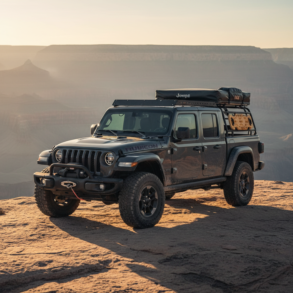 A rugged dark gray Jeep Gladiator Rubicon, coated with a thin layer of trail dust and mud spatters along the rocker panels, is parked at the edge of a sweeping canyon overlook. The truck’s lifted stance, steel front bumper, recovery gear, and roof rack with a low-profile rooftop tent are crisply defined. Golden hour sunlight cuts from the right, casting sharp, elongated shadows across the rock ledge and emphasizing the truck’s angular contours. The background canyon walls fall into a minimalist haze, rendered in soft focus to keep the Jeep in bold, cinematic prominence. Shot from a low three-quarter front angle with a wide lens, the composition feels powerful and expansive, embodying cinematic realism and a clean, high-impact adventure aesthetic.
